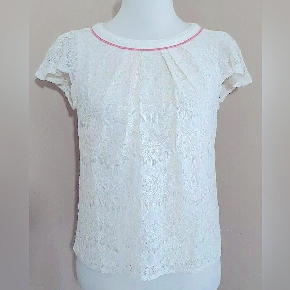 Ivory Lace Blouse Pink Trim Short Flutter Sleeve ModCloth by Freeway Feminine